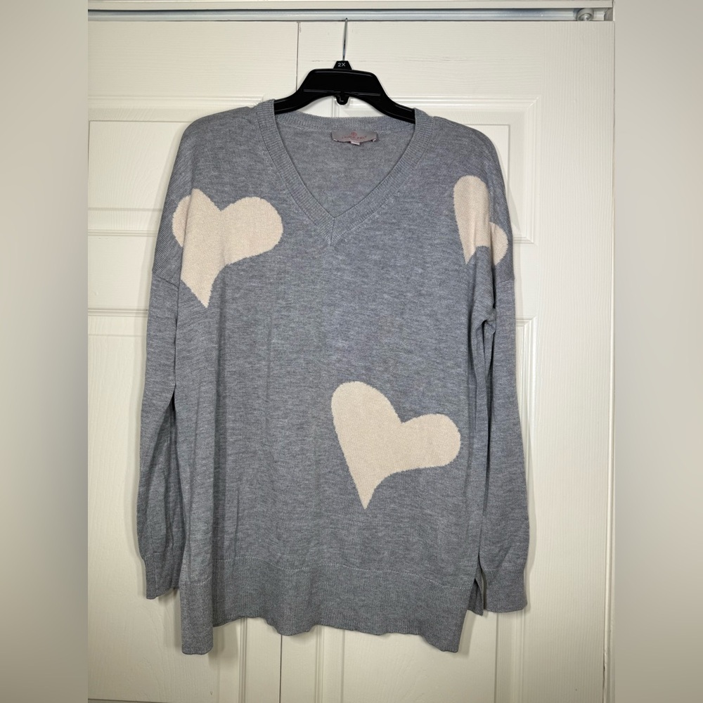 Laurie Felt V Neck Pullover Sweater With Hearts Heather Gray